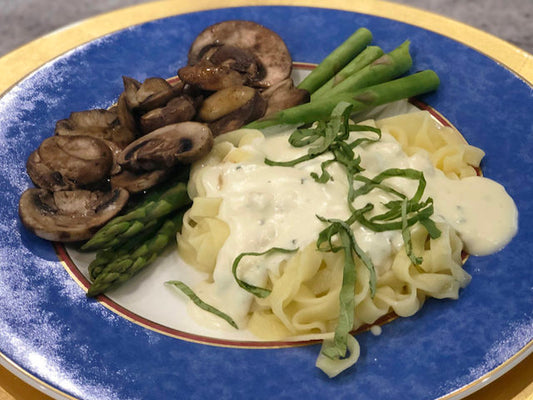 Double Cheese Sauce over Pasta with Fresh Basil